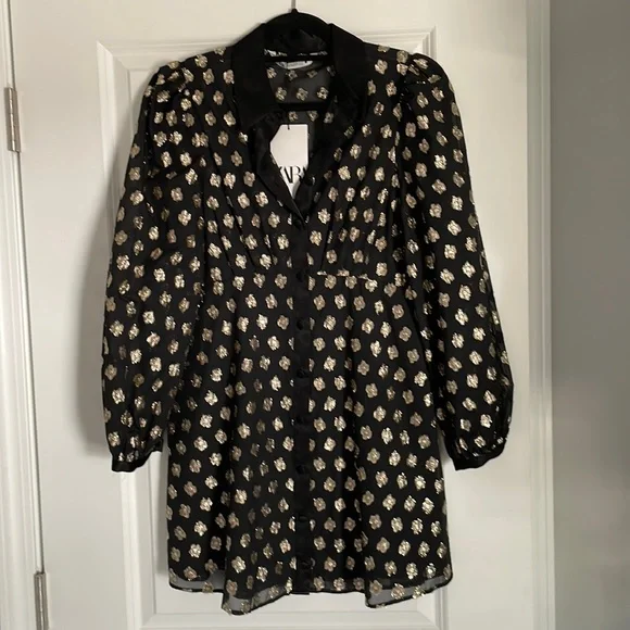 zara black and gold dress Zara Dresses | Zara Festive Season Gold Sequin Open Back Mini Dress Xs 00-2 | Color: Black/Gold